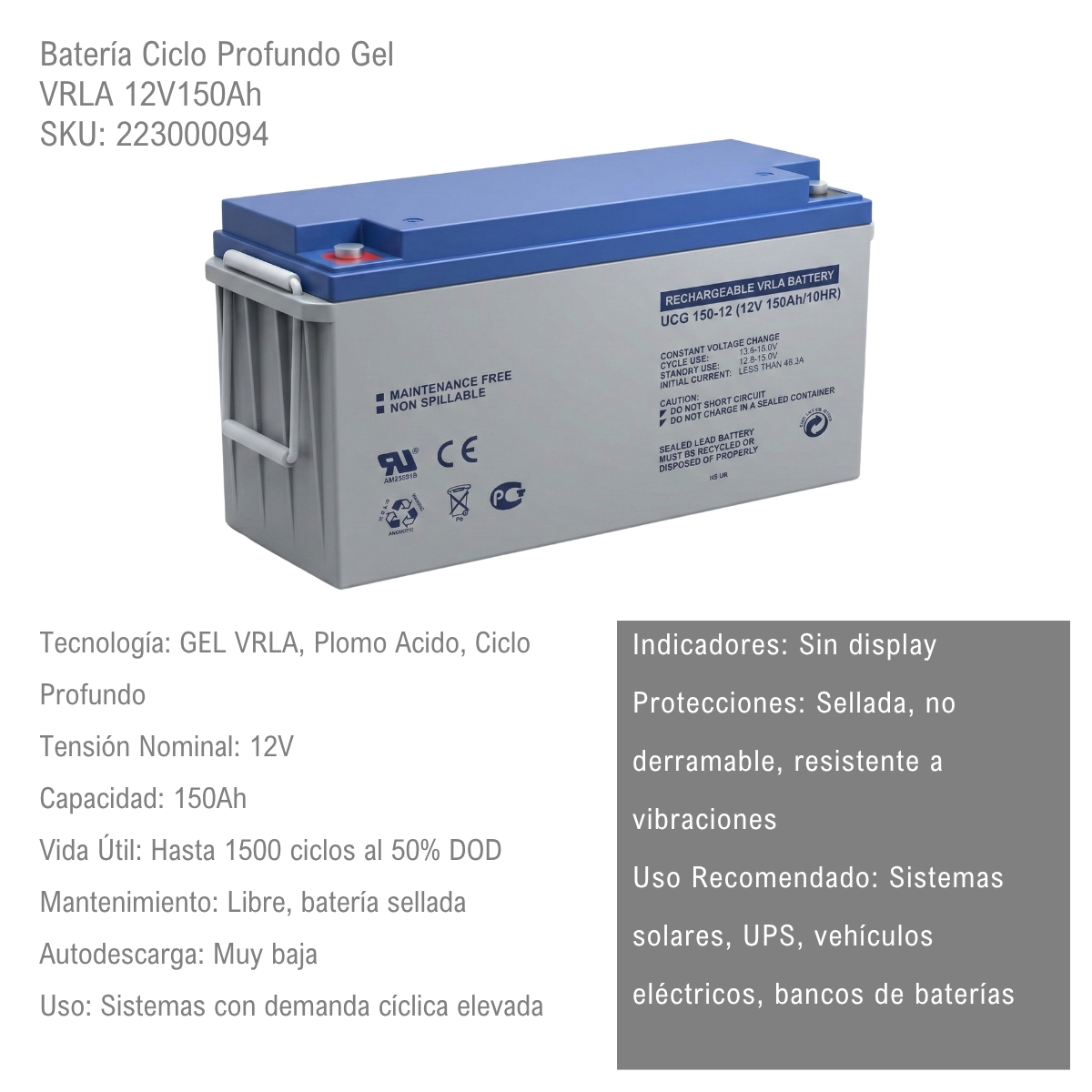 Bateria Ciclo Profundo Gel VRLA 12V150Ah xUn - Imagen 2