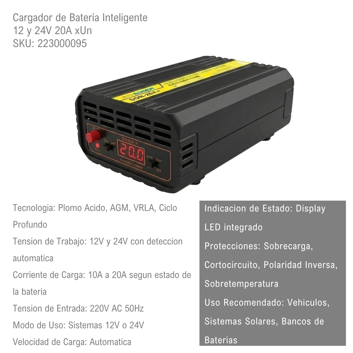 Cargador de Bateria Inteligente 12 y 24V 20A xUn - Imagen 2