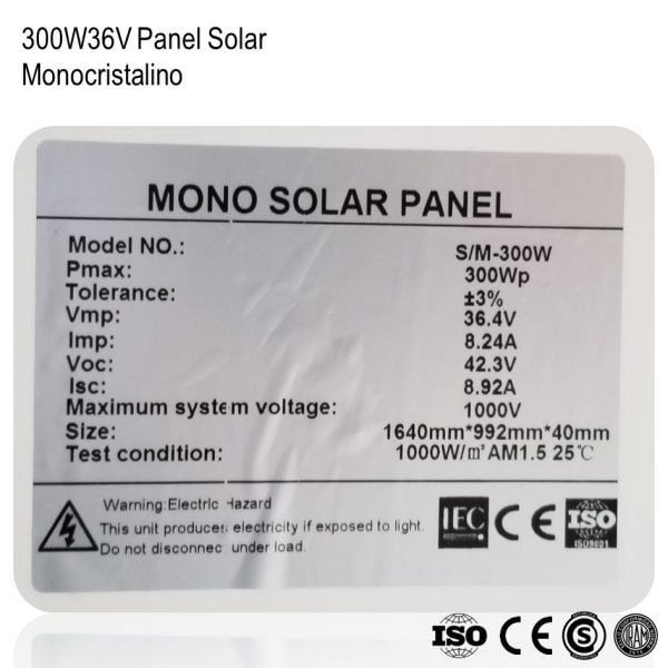 Panel Solar Monocristalino 300W36V xUn - Imagen 3