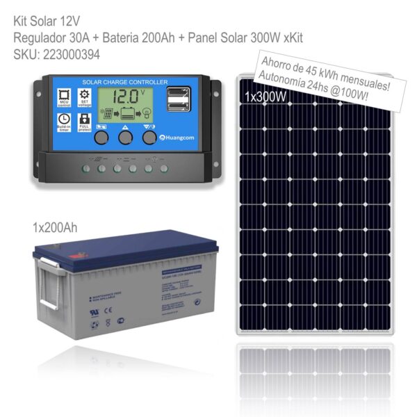 Kit Solar 12V Regulador 30A + Bateria 200Ah + Panel Solar 300W xKit - Imagen 2