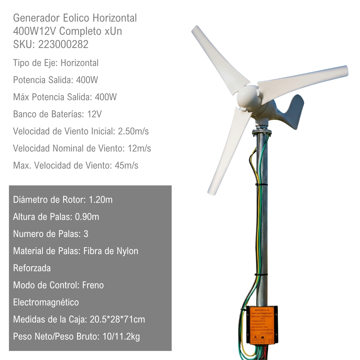 Aerogenerador Eolico Horizontal 400W12V Completo xUn - Imagen 2