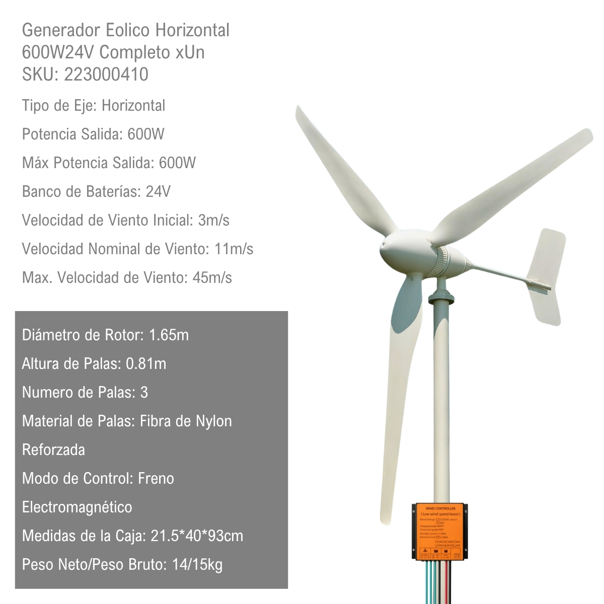 Aerogenerador Eolico Horizontal 600W24V Completo xUn - Imagen 2