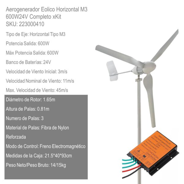 Aerogenerador Eolico Horizontal 600W24V Completo xKit - Imagen 2