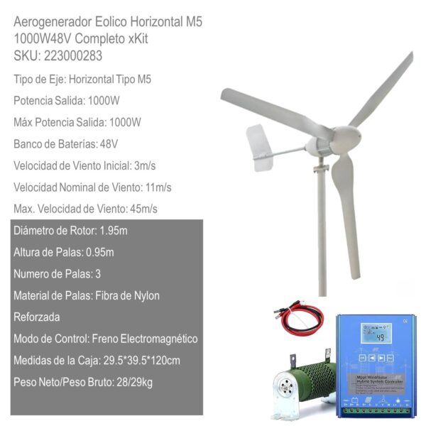 Aerogenerador Eolico Horizontal 1000W48V Completo xKit - Imagen 2