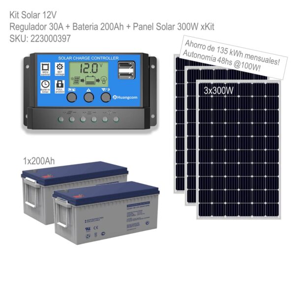 Kit Solar 12V Regulador 30A + Bateria 200Ah + Panel Solar 300W xKit - Imagen 2