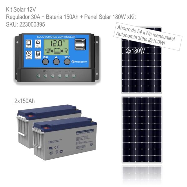 Kit Solar 12V Regulador 30A + Bateria 150Ah + Panel Solar 180W xKit - Imagen 2