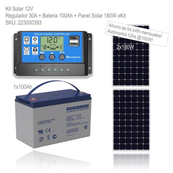 Kit Solar 12V Regulador 30A + Bateria 100Ah + Panel Solar 180W xKit - Imagen 2