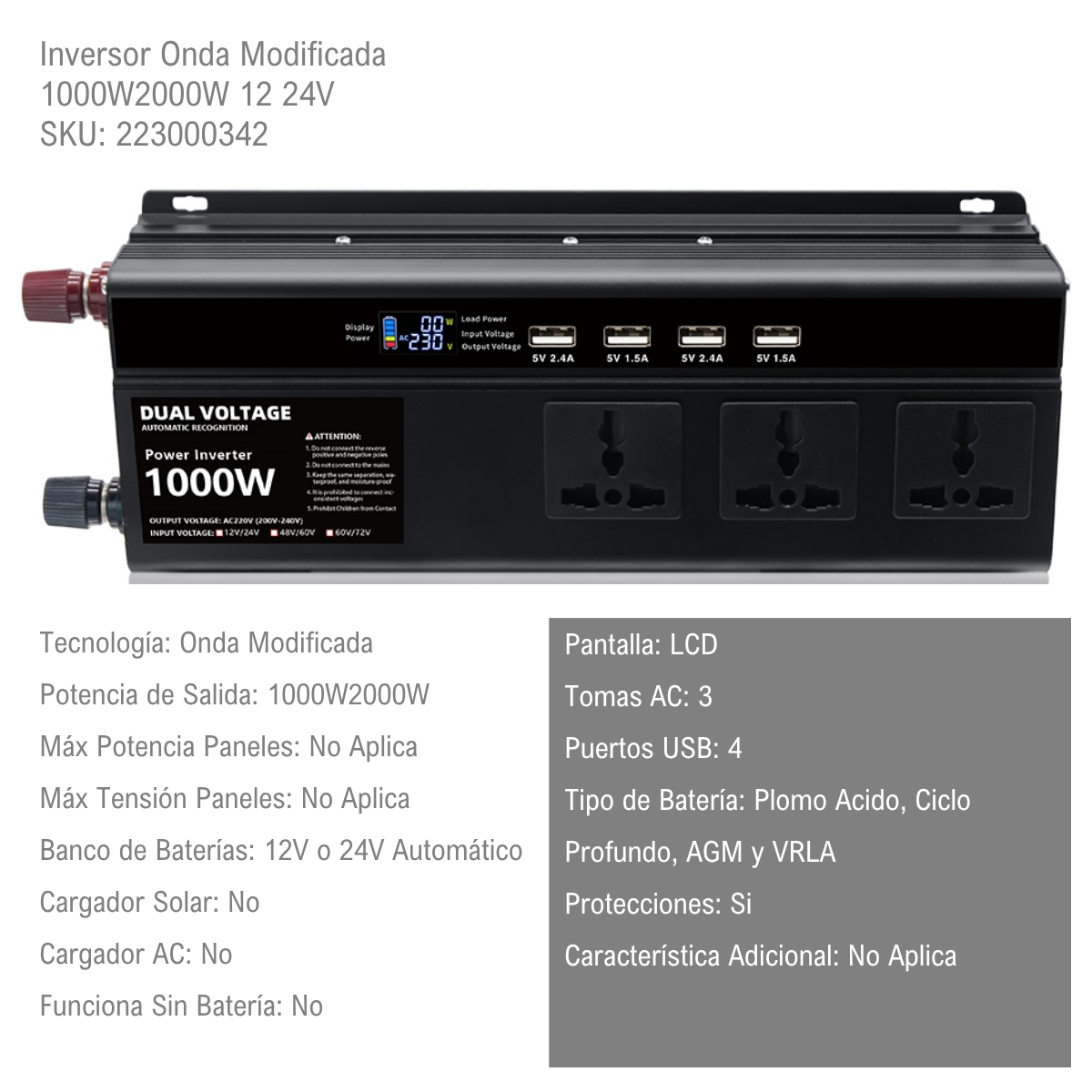 Inversor Onda Modificada 1000W2000W 12 24V xUn - Imagen 2