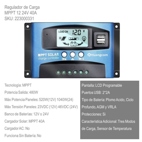 Regulador de Carga MPPT 12 24V 40A xUn - Imagen 2