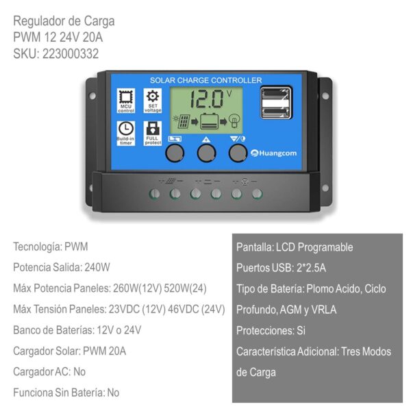 Regulador de Carga PWM 12 24V 20A xUn - Imagen 2