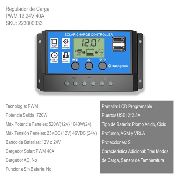 Regulador de Carga PWM 12 24V 40A xUn - Imagen 2