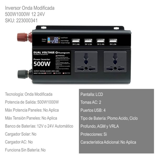 Inversor Onda Modificada 500W1000W 12 24V xUn - Imagen 2