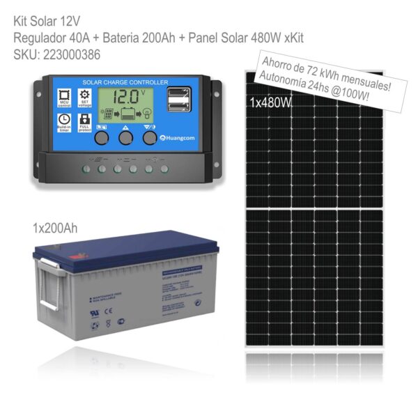 Kit Solar 12V Regulador 40A + Bateria 200Ah + Panel Solar 480W xKit - Imagen 2