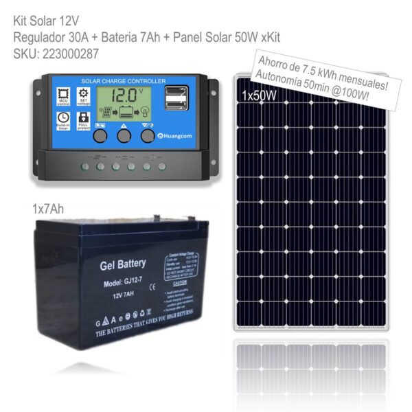 Kit Solar 12V Regulador 30A + Bateria 7Ah + Panel Solar 50W xKit - Imagen 2