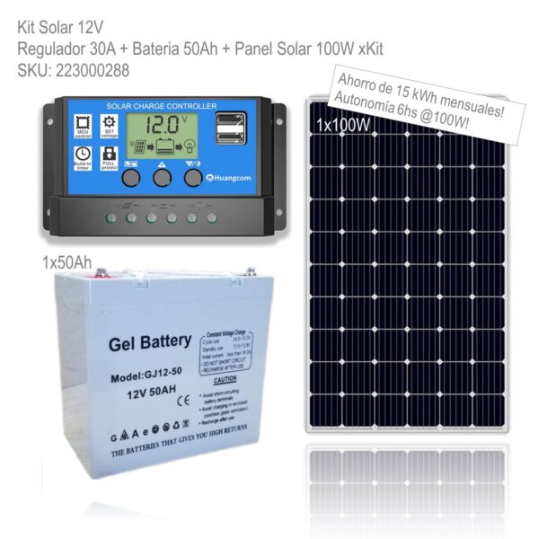 Kit Solar 12V Regulador 30A + Bateria 50Ah + Panel Solar 100W xKit - Imagen 2