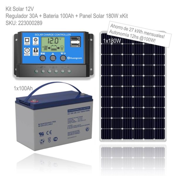Kit Solar 12V Regulador 30A + Bateria 100Ah + Panel Solar 180W xKit - Imagen 2