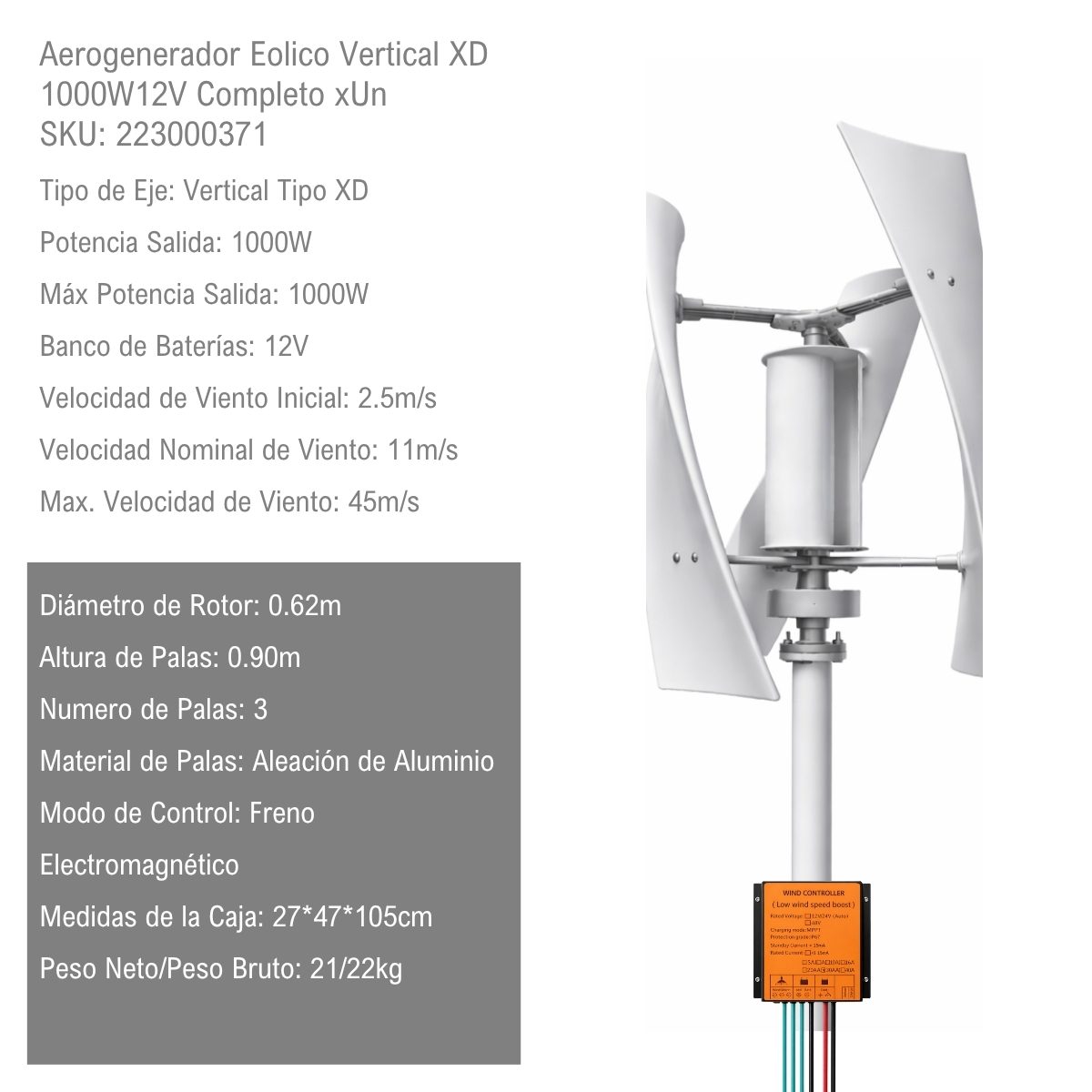 Aerogenerador Eolico Vertical 1000W12V Completo xKit - Imagen 2