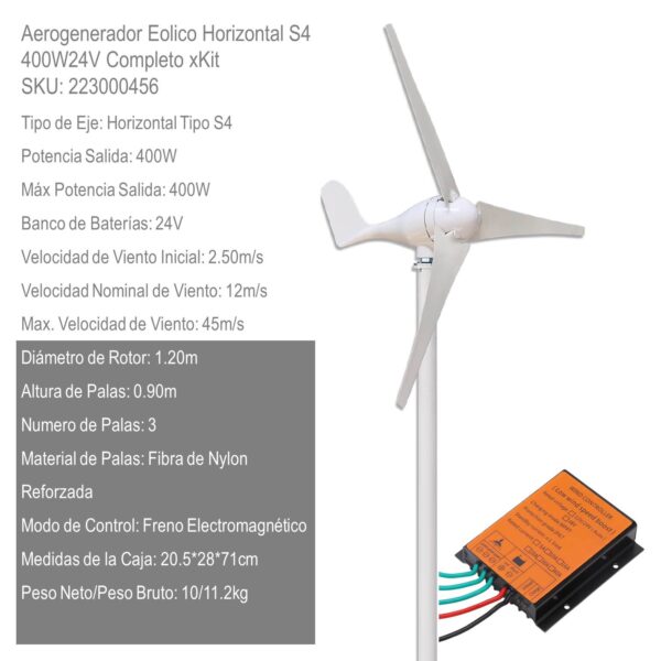 Aerogenerador Eolico Horizontal 400W24V Completo xKit - Imagen 2