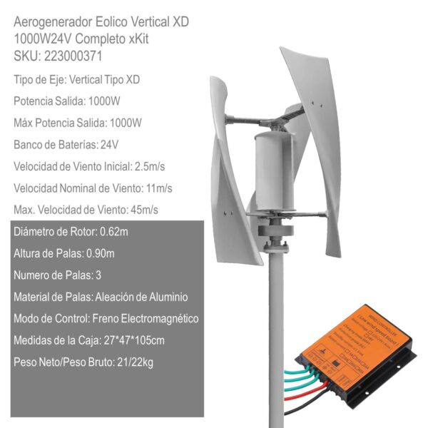 Aerogenerador Eolico Vertical 1000W24V Completo xKit - Imagen 2