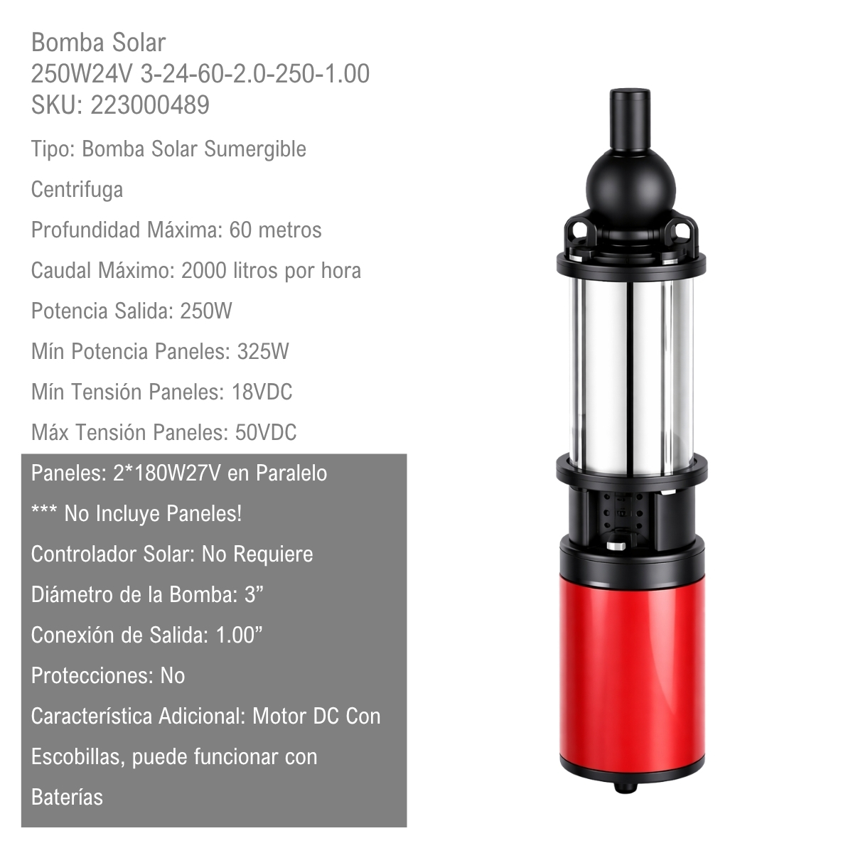 Bomba Solar 250W24V 3-24-60-2.0-250-1.00 Brushed xUn - Imagen 2