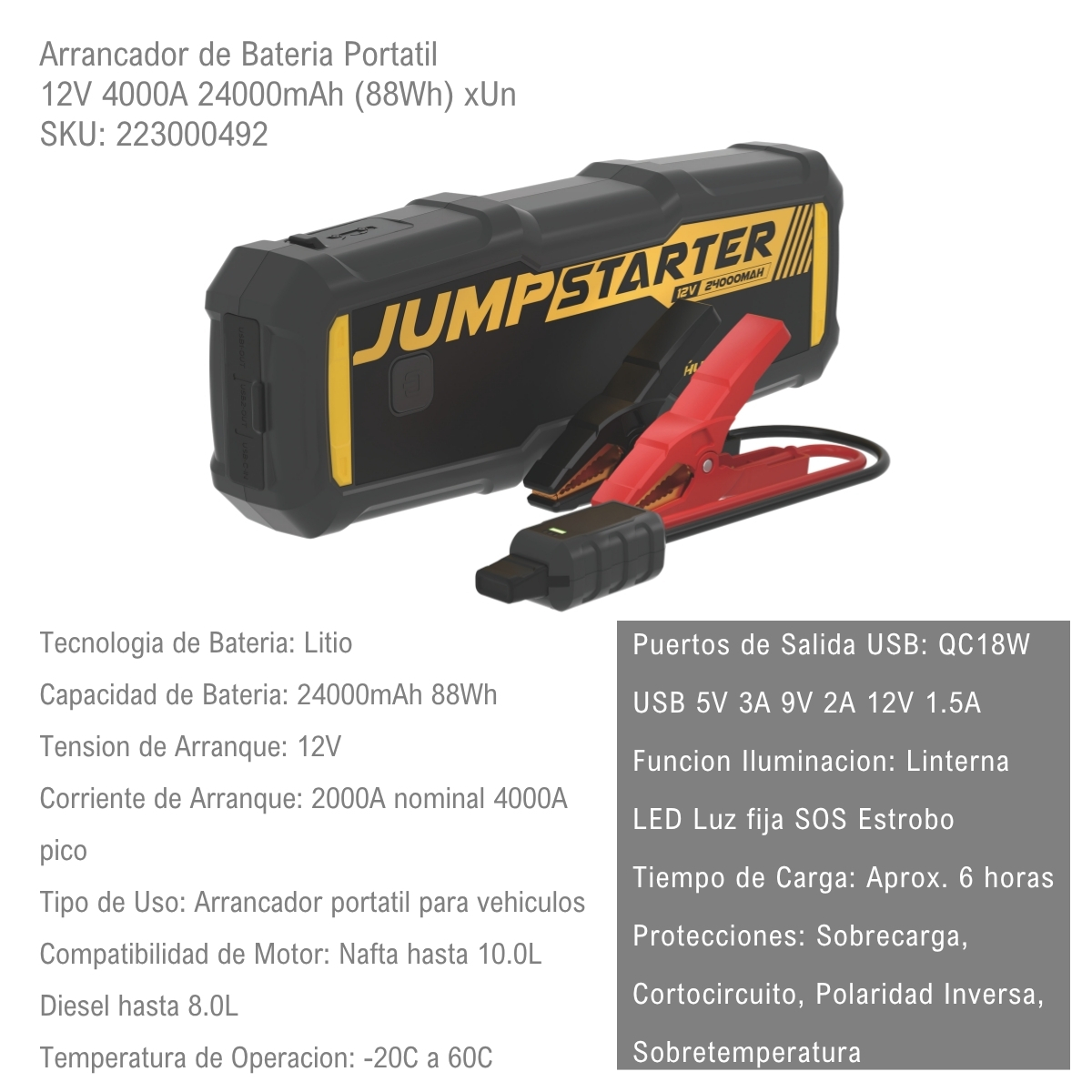 Arrancador de Bateria Portatil 12V 4000A 24000mAh (88Wh) xUn - Imagen 2