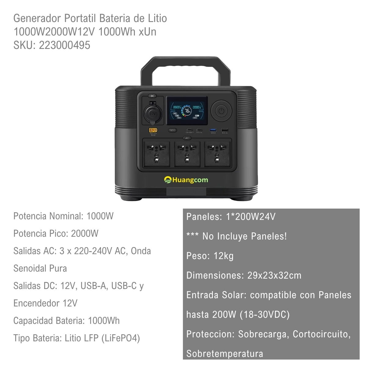 Generador Portatil Bateria de Litio 1000W2000W12V 1000Wh xUn - Imagen 2