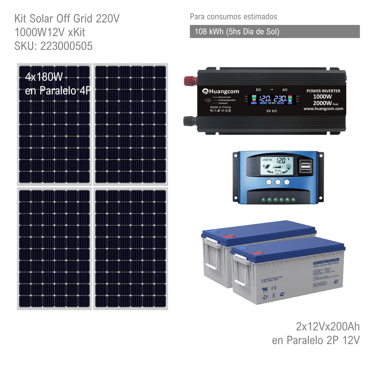 Kit Solar Off Grid 220V 1000W12V xKit - Imagen 2